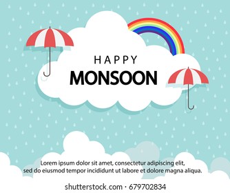 Happy Monsoon season background with cloud rainbow and umbrella. sale banner. season off. discount poster. layout advertising. Rainy Season, Vector Illustration.