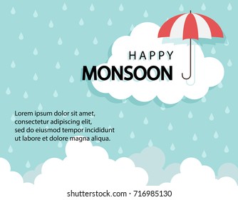 Happy Monsoon season background with cloud rainy and umbrella. sale banner. season off. discount poster. layout advertising. Rainy Season, Vector Illustration.