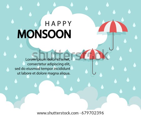 Happy Monsoon season background with cloud and umbrella. sale banner. season off. discount poster. layout advertising. Rainy Season, Vector Illustration.