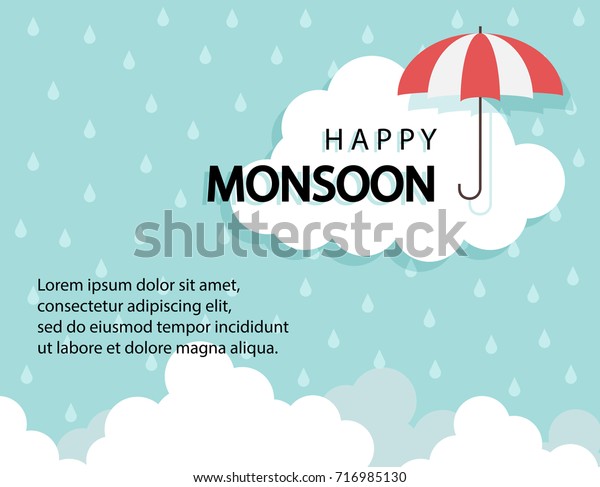 雲の雨と傘のある幸せなモンスーンの背景 販売バナー シーズンオフ 割引ポスター レイアウト広告 梅雨 ベクターイラスト のベクター画像素材 ロイヤリティフリー