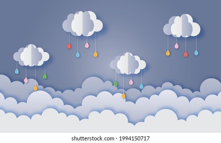 happy monsoon season background. paper art style. vector illustration.