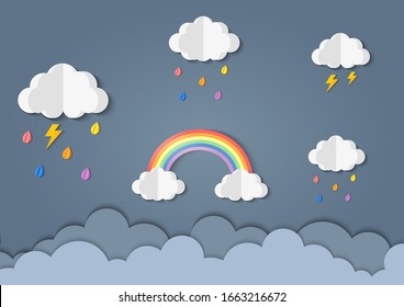 happy monsoon season background. rainbow in the rainy. paper art style. vector Illustration.