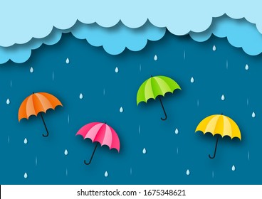 happy monsoon season background. rainbow in the rainy. paper art style. vector Illustration.