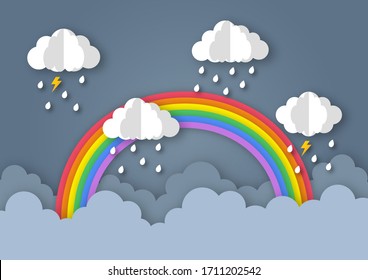happy monsoon season background. rainbow in the rainy. paper art style. vector Illustration.
