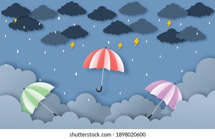 happy monsoon season background. rainbow in the rainy. paper art style. vector Illustration.	