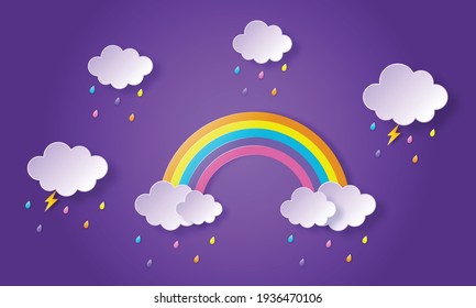 happy monsoon season background. rainbow in the rainy. paper art style. vector Illustration.