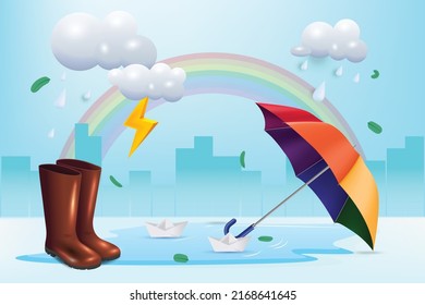 Happy Monsoon Season Background. Rainbow, Umbrella Clouds, Thunder, Paper Boat And Rain Shoes 