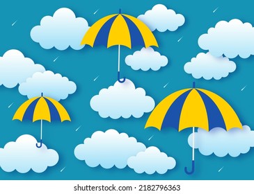 happy monsoon season background. rainbow in the rainy. paper art style. vector Illustration.