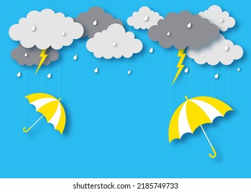 happy monsoon season background. rainbow in the rainy. paper art style. vector Illustration.