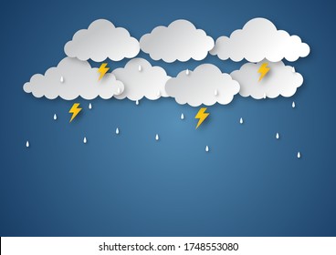 happy monsoon season background. rainy paper art style. vector Illustration.