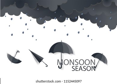 Happy monsoon season concept,Umbrella with rain on white background,Paper art style.
