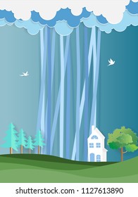 Happy Monsoon season with rainny and alone house ,Paper art idea and digital craft.
