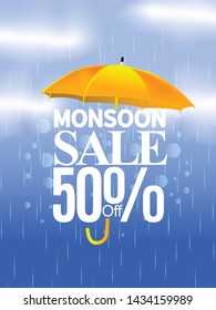 Happy Monsoon Season Sale 40%, 50% offer, Poster Or Sale Banner Template Design