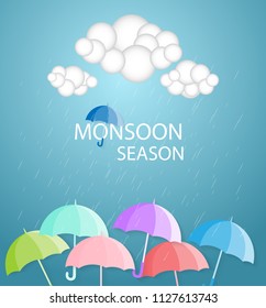 Happy Monsoon season with sale offer concept,Paper art idea and digital craft.