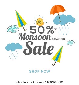 Happy Monsoon Season Sale Poster Or Sale Banner Template Design.