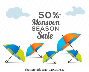 Happy Monsoon Season Sale Poster Or Sale Banner Template Design.