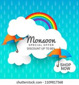 Happy Monsoon Season Sale Poster Or Sale Banner Template Design.