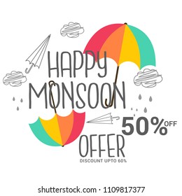 Happy Monsoon Season Sale Poster Or Sale Banner Template Design.