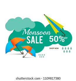 Happy Monsoon Season Sale Poster Or Sale Banner Template Design.