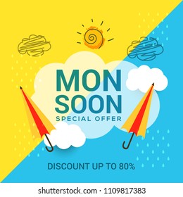 Happy Monsoon Season Sale Poster Or Sale Banner Template Design.