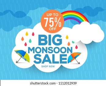 Happy Monsoon Season Sale Poster Or Sale Banner Template Design.