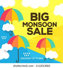 Happy Monsoon Season Sale Poster Or Sale Banner Template Design.