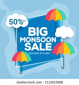 Happy Monsoon Season Sale Poster Or Sale Banner Template Design.