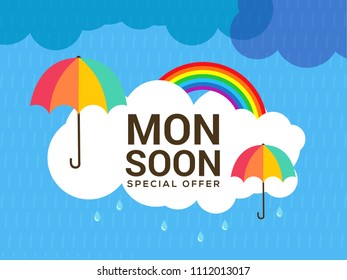 Happy Monsoon Season Sale Poster Or Sale Banner Template Design.