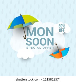 Happy Monsoon Season Sale Poster Or Sale Banner Template Design.