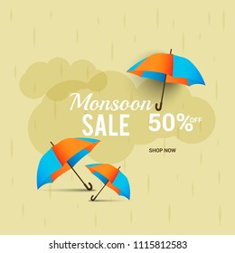 Happy Monsoon Season Sale Poster Or Sale Banner Template Design.