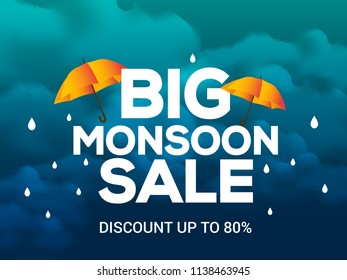 Happy Monsoon Season Sale Poster Or Sale Banner Template Design.