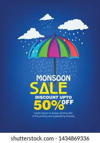 Happy Monsoon Season Sale Poster Or Sale Banner, rain umbrella rainbow