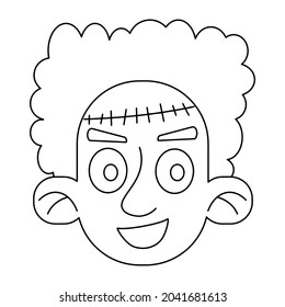Happy monster with big scar on forehead coloring page for Halloween vector illustration. Happy scary character hand-drawn linear isolated on white
