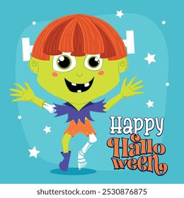 Happy monster boy with Halloween text, Vector