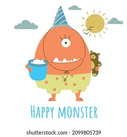 Happy monster, cheerful monster design, sun bird and clouds.