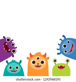 Happy monster faces set. Cute funny cartoon characters for Halloween background, birthday party card or invitation. Vector illustration