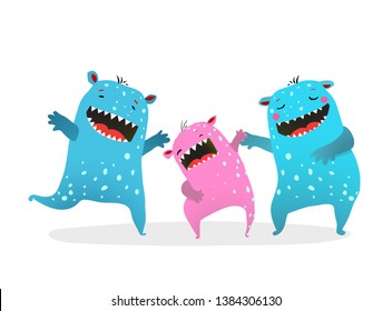 Happy Monster Family Laughing Playing. Cute Family of Kids Monsters Playing Laughing son mother and father.