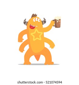 Happy Monster With Four Arms And Horns Drinking Beer Partying Hard As A Guest At Glamorous Posh Party Vector Illustration