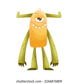 Happy Monster with Horns and Long Arms Standing and Smiling Vector Illustration