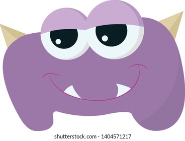 A happy monster with horns smiling with fangs sticking out, vector, color drawing or illustration. 