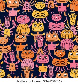 Happy Monster Mash in soft pink orange yellow on dark moody night blue