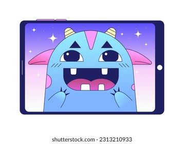 Happy monster on tablet computer flat vector cartoon icon. Watching children movie. Editorial, magazine spot illustration. Colorful object isolated on white. Editable 2D simple drawing, graphic design