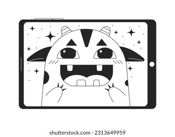 Happy monster on tablet computer line art vector cartoon icon. Editorial, magazine spot illustration black and white. Outline object isolated on white. Editable 2D simple drawing, graphic design