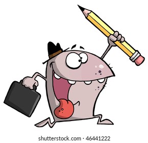 Happy Monster Runs with Briefcase and Pencil