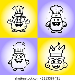 happy monster wearing chef hat cute doodle line icon, simple logo design