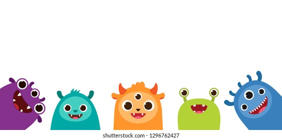 Happy monsters banner. Cute funny cartoon characters for Halloween background, birthday party card or invitation. Vector illustration