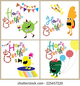 Happy Monsters Birthday Card Set. Editable vector illustration