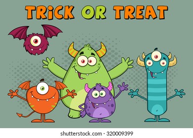 Happy Monsters Cartoon Characters. Vector Illustration Greeting Card