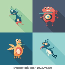 Happy monsters flat square icons with long shadows.