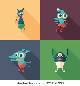 Happy monsters flat square icons with long shadows.